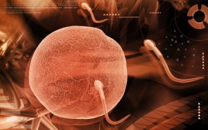 Digital illustration of sperm in colour background